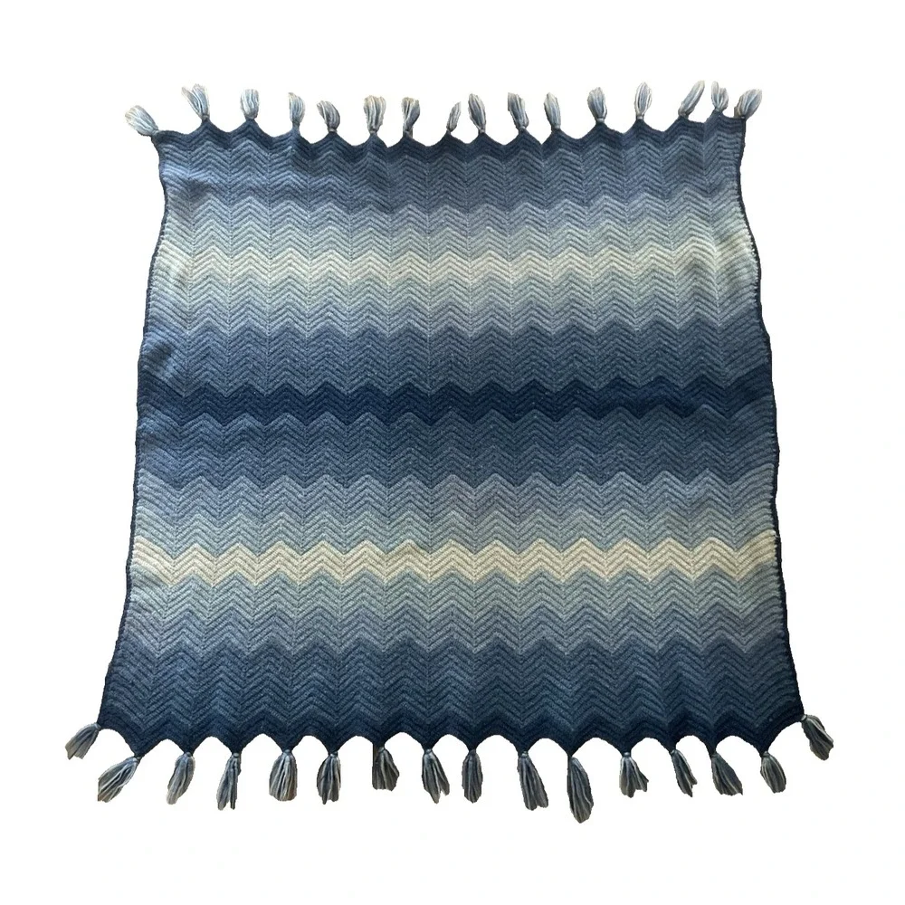 Vtg Blue Chevron Crochet Afghan 70's Boho Hippie Fringe Lap Blanket Throw 44x47